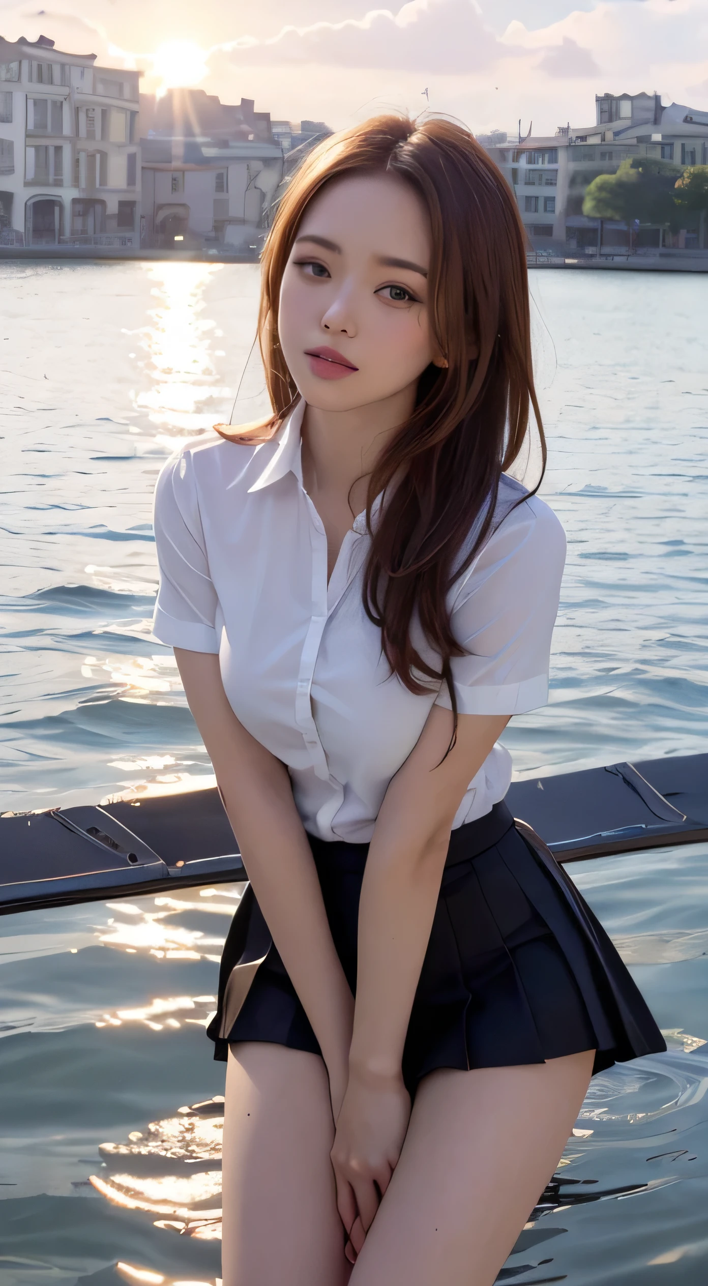 ultra highres,(reality: 1.4),highest quality, masterpiece, high detail, 16K quality, beautiful, 1 beautiful girl,japanese,super beautiful face,,japanese idol face,cute face,super detailed face,detailed hand,beautiful skin,sweaty skin,big eyes,big smile,profeccional lighting,medium hair,brown hair,brown beautiful eyes,(sitting with knee up),spread legs,(skirt lift),(white panty),medium breasts,see through white shirt,open button,(black check skirt),high socks,she is looking at the camera,beach,blue sky,blue ocean, nsfw,from front,