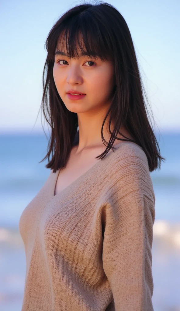 (((Mika, 1girl, solo, full body))), 8k, raw photo, perfectly focused, best focus, realistic skin texture, masterpiece, highest quality, photorealistic, V-neck sweater, seaside