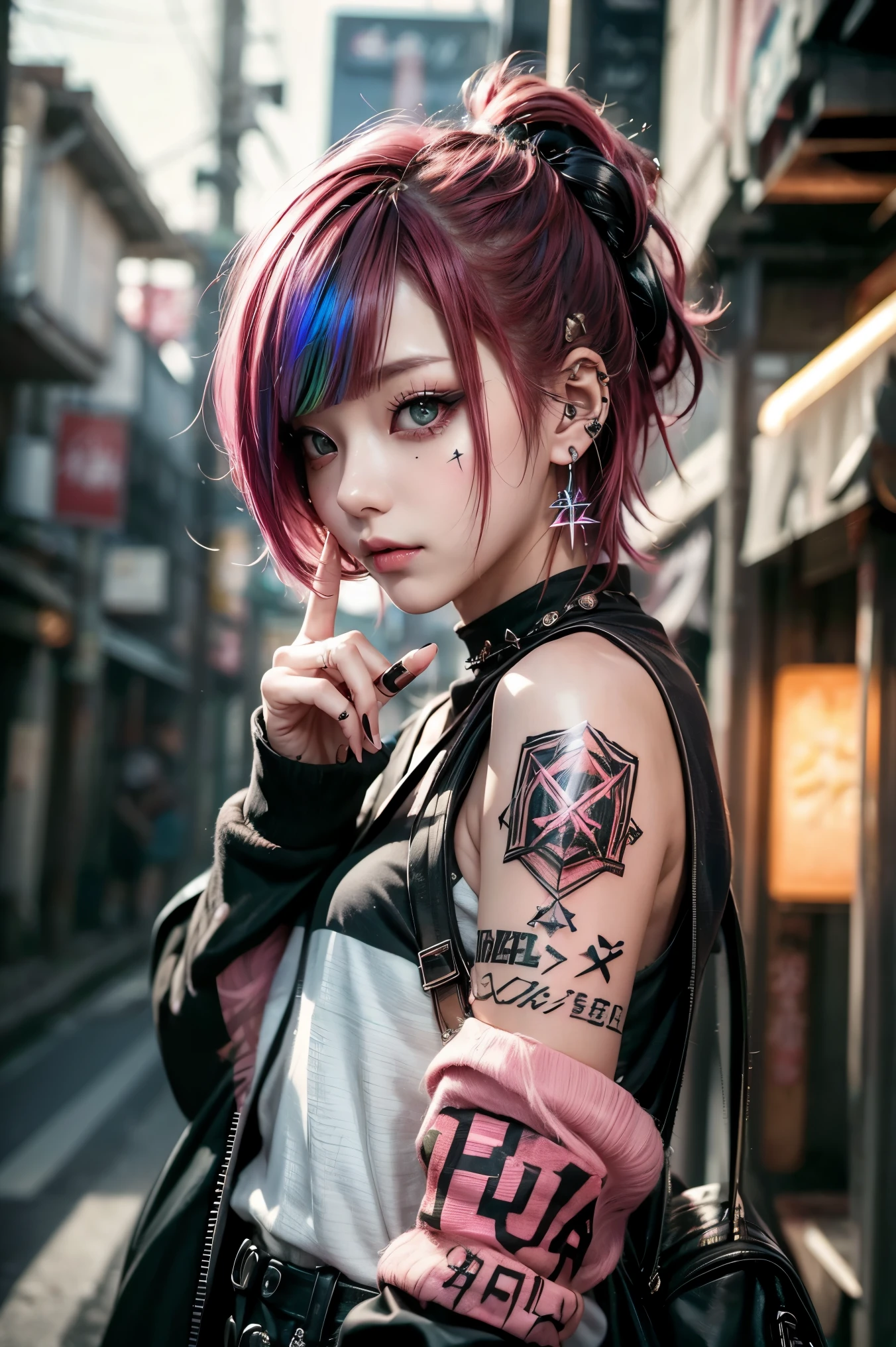 1girl, (solo:1.2), ((masterpiece)), (shadow), [slim], (small breasts), pale skin, ((detailed eyes)), (background blur), (dynamic pose), (adult), western, dynamic angle, messy hair, frown, eyeliner, painted nails, bangs, brunette, (colorful street outfit), (upper body shot), hiphop style, cap, (alley), (cyberpunk theme)