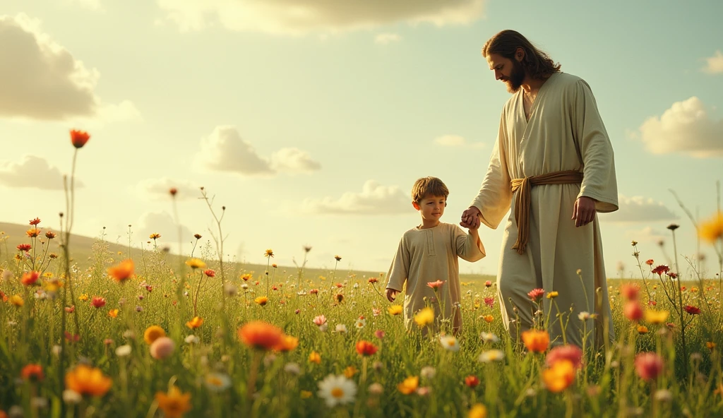 (photorealism:1.2), Jesus glowing in the middle of a vibrant field of flowers, holding a small child, clear blue sky with moving clouds above, ethereal, serene atmosphere, soft lighting, highly detailed, cinematic, masterpiece, 8k resolution