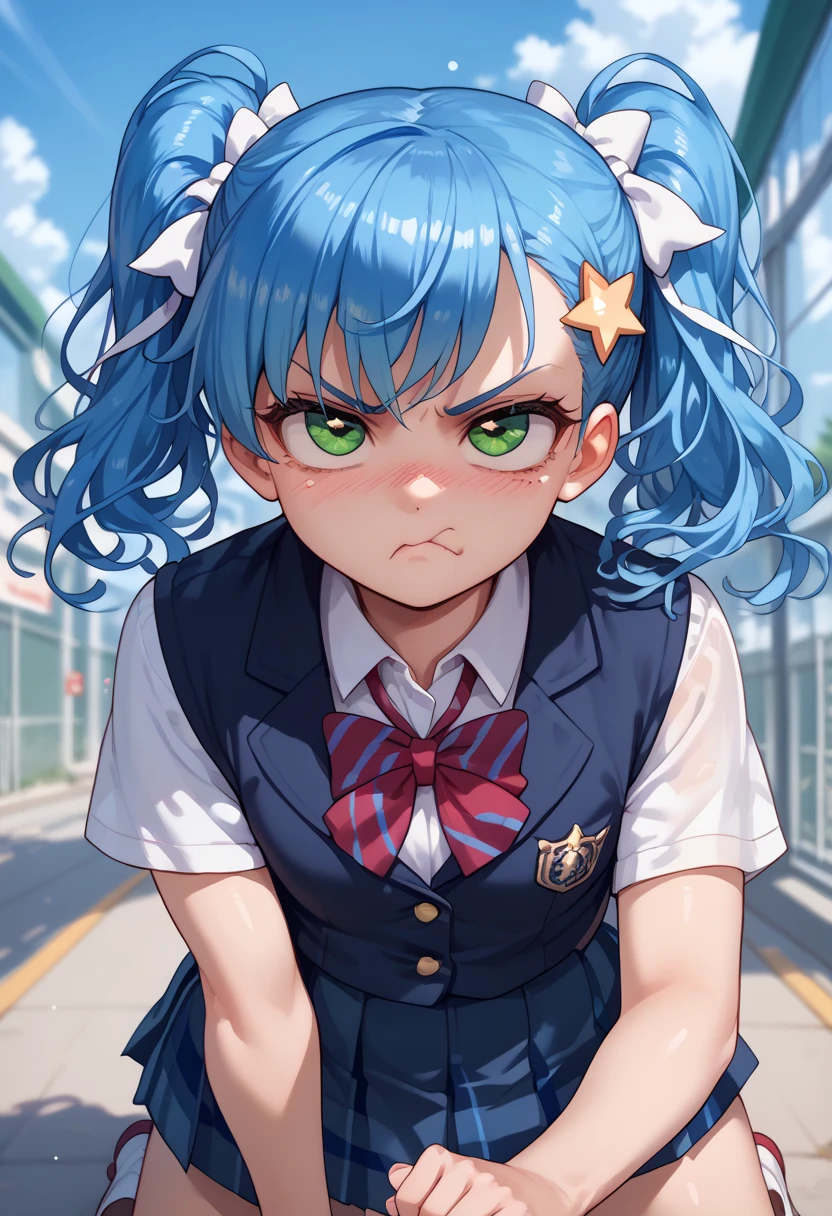 ****, long blue hair, big white bow, green eyes, stars in her eyes, Japanese school uniform, tsundere facial expression