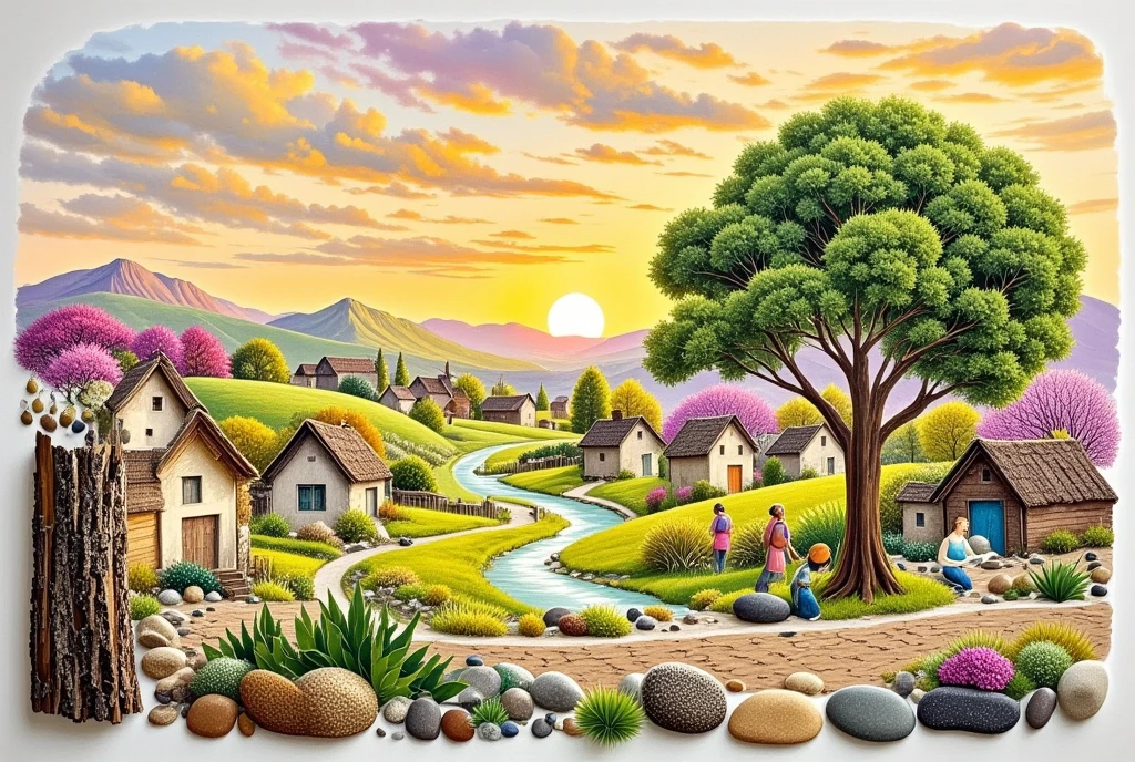 A rural landscape depicting a cozy village nestled amongst rolling hills. Cobblestone paths intersect lush green meadows leading to charming cottages with thatched roofs and colorful doors. By the village border, a serene river meanders its way through the open fields. In the village square, village folk of diverse descents and genders can be seen engaging in daily activities. Some are tending to the gardens, others conversing around a wooden bench under a large, sturdy oak tree. The sky above the village is an enchanting blend of oranges and purples, signifying a glorious sunset.