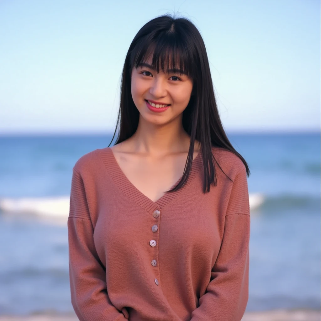 (((Mika, 1girl, solo, full body))), 8k, raw photo, perfectly focused, best focus, realistic skin texture, masterpiece, highest quality, photorealistic, V-neck sweater, seaside