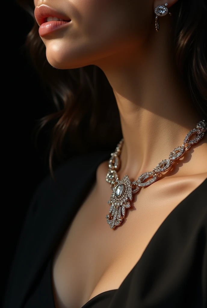 Close-up of the upper body of an elegant woman, highlighting sophisticated jewelry and accessories. The woman is wearing a delicately crafted gemstone necklace that sparkles under soft light. Her wrists are adorned with thin gold and silver bracelets, while her fingers showcase intricately designed rings. The skin is smooth and well-groomed, with a tone that perfectly complements the jewelry. The image captures the beauty and luxury of the pieces, with a special focus on the details of the accessories, conveying a sense of sophistication and style