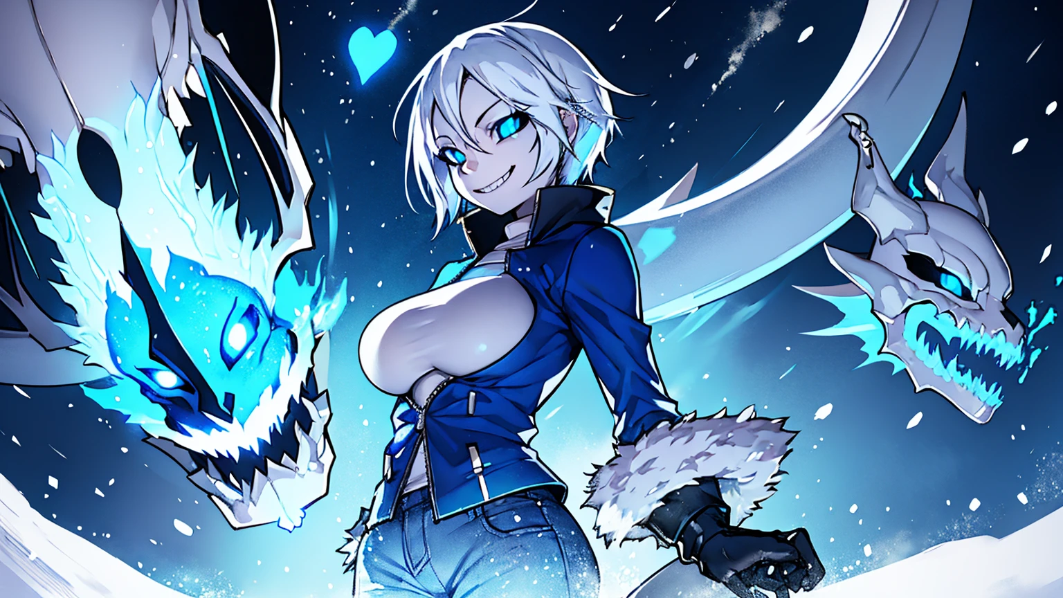 Toby Fox Undertale Sans blue jacket white shirt,Fire eyes skull smile white short hair glowing sexy eyelashes dragon skull cannon standing alone in the snow town Femininefull Super big breasts breast enlargement full-body shot illustration, ultra-detailed, HDR, vibrant colors, soft lighting