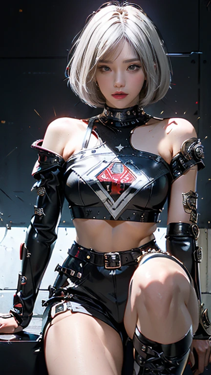 (((woman))), ((( best quality))), (((Raw work))), ((( adult ))), ((( 1 girl))), (((  bob cut from the front ))), Uma gladiadora cyberpunk woman de 25 anos com corpo perfeito, Metal spiked shoulder pads,  Brooklyn Gladiators , ((  bob cut from the front )), small leather panties,  torn rugby time t-shirt ,  spiked shoulder Pads, Short blonde, Minimum clothing,   metal protection 、 intricate graphics  , Dark red , armor,  full of tips and rivets , (((From the knee up))),  short white blond hair ,  background with white stars and a black and white checkered pattern on the background is an intricately designed wall painted by Shepard Fairey