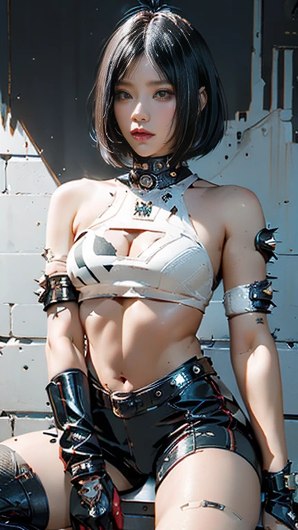 (((woman))), ((( best quality))), (((Raw work))), ((( adult ))), ((( 1 girl))), (((  bob cut from the front ))), Uma gladiadora cyberpunk woman de 25 anos com corpo perfeito, Metal spiked shoulder pads,  Brooklyn Gladiators , ((  bob cut from the front )), small leather panties,  torn rugby time t-shirt ,  spiked shoulder Pads, Short blonde, Minimum clothing,   metal protection 、 intricate graphics  , Dark red , armor,  full of tips and rivets , (((From the knee up))),  short white blond hair ,  background with white stars and a black and white checkered pattern on the background is an intricately designed wall painted by Shepard Fairey