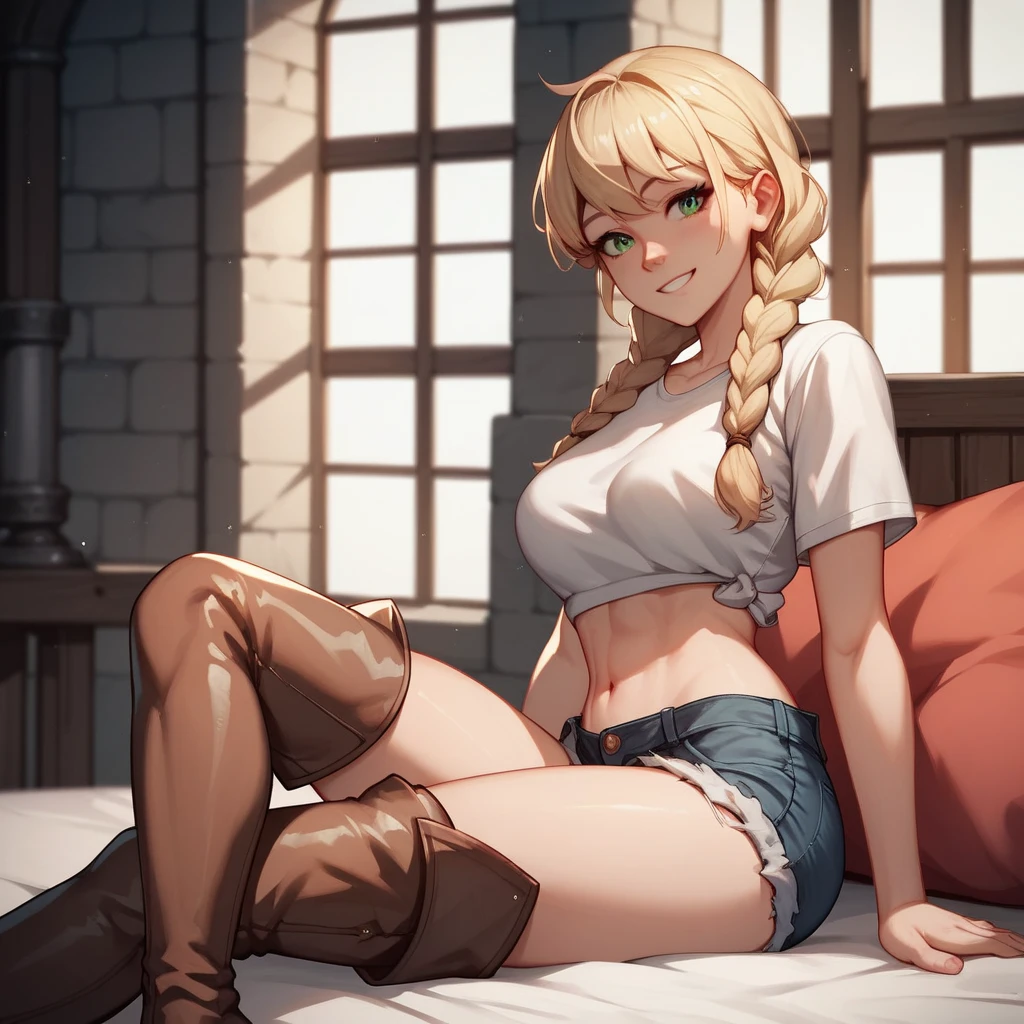 looking_at_viewer, elf, blonde hair, armpit hair, hairy armpits, armpits, hairy, long hair, steaming body, steam, smell, blush, breath, heavy breathing, blurry background, masterpiece, high quality, large eyes, looking at viewer, hot, steamy, sensual face, smile, blonde armpit hair, backlighting, legs, pointy ears, solo, 1girl, large breasts, choker, standing, vibrant colors, softglow, topless, nipples, short shorts, leather shorts, belt, clean lines, god rays, raytracing, 4k, high quality, perfect face, perfect hands, eye highlights, navel, fantasy village, trees, sunlight, thigh high boots, boots, skindentation, leg skindentation, tiara, elf princess, spoken heart, bare thighs, presenting self,