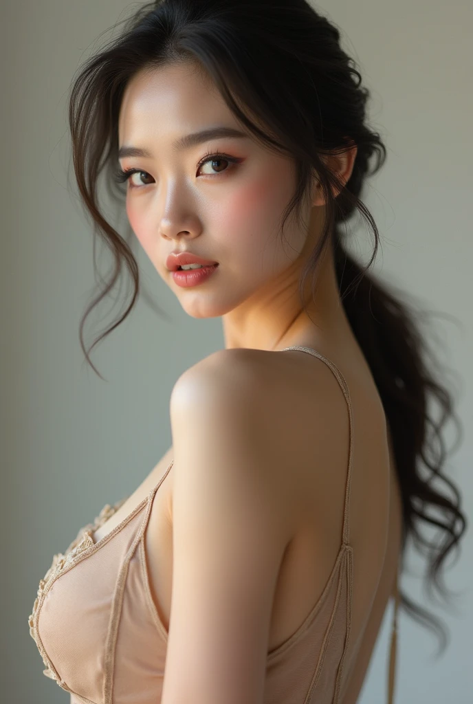 masterpiece, Highest quality, alone, One girl, Glowing Skin, glamorous, Whimsical details, Slicked back hair, Fascinating, Bare shoulders, Crop top, Long trousers, Shallow depth of field, Contrasting, Professional Model, Facing forward, Portraiture ,Korean Actress,Korean Beauty,Glossy Skin