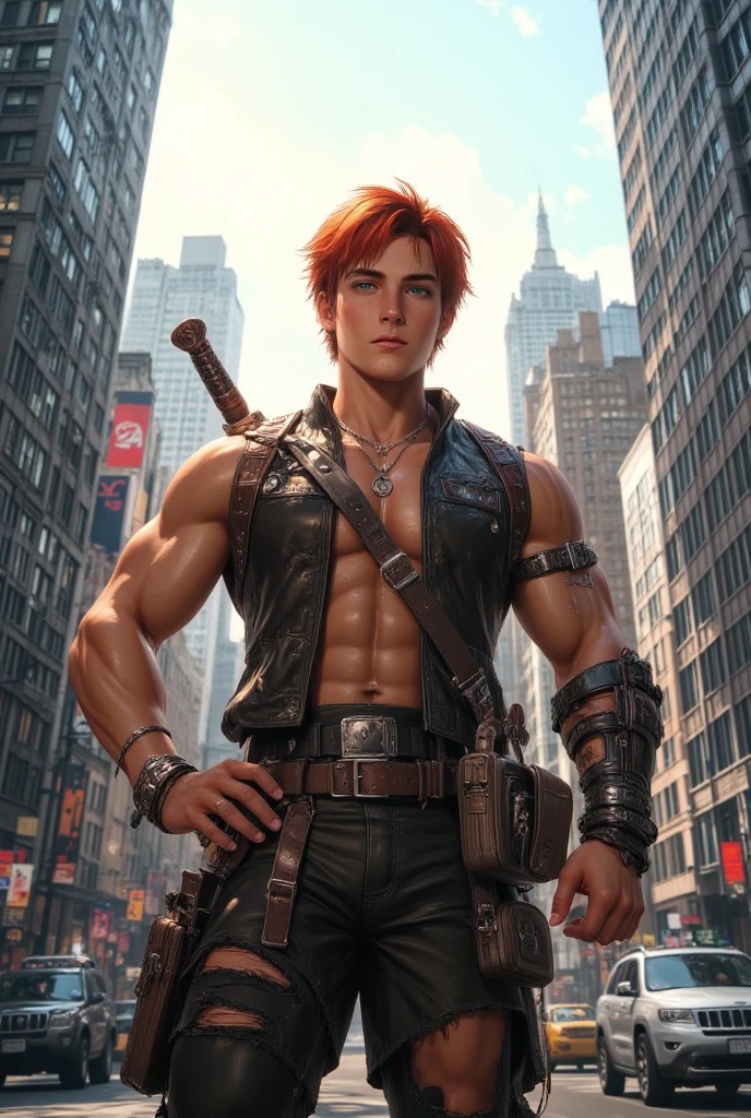 1boy, red short hair, green eyes, wear sleeveless military vest, leather harness, short torn pants, shine tan skin, sword, beautiful legs, solo, standing on newyork city street, skyscraper, realistic background, studio lighting, soft focus, physically-based rendering, professional