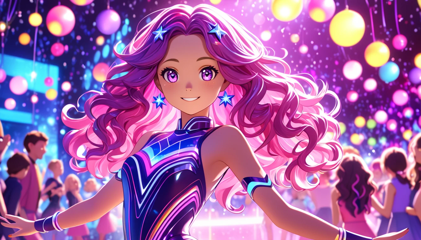 A 3D CGI illustration of a cute female character focusing on her face, set in a vibrant and energetic atmosphere that matches the theme of music and dancing. She has large, expressive eyes and a playful smile, with colorful lighting reflecting party vibes. The character has shoulder-length wavy hair with a gradient of pink and purple, adorned with star-shaped accessories. She wears a stylish, futuristic outfit with glowing accents, matching the dynamic and whimsical theme of the song. The background is blurred, featuring shimmering lights and faint silhouettes of a party setting. The image should be 16:9 and emphasize the character's face.