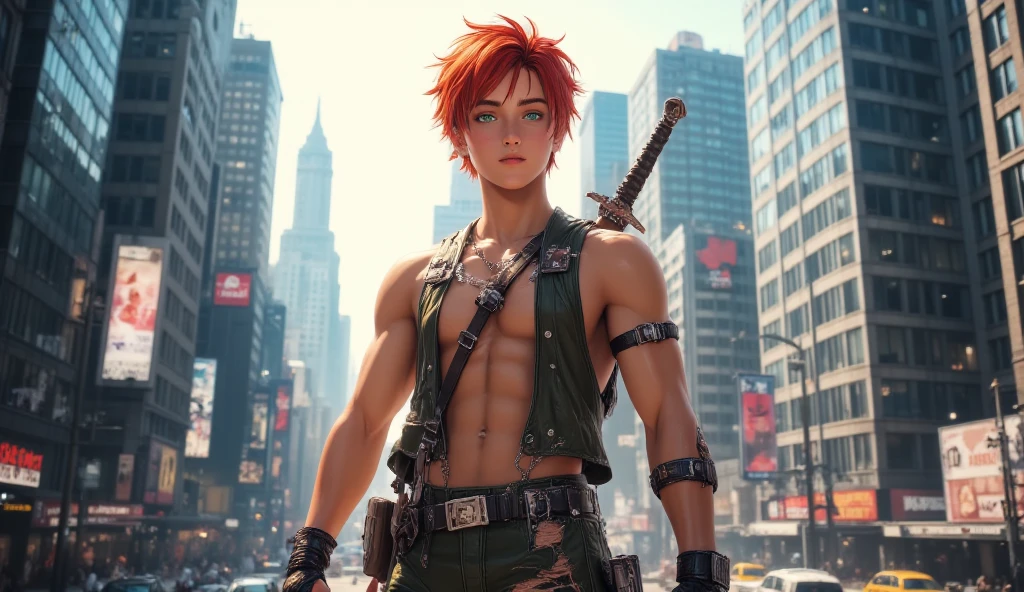 1boy, red short hair, green eyes, wear sleeveless military vest, leather harness, short torn pants, shine tan skin, sword, beautiful legs, solo, standing on newyork city street, skyscraper, realistic background, studio lighting, soft focus, physically-based rendering, professional