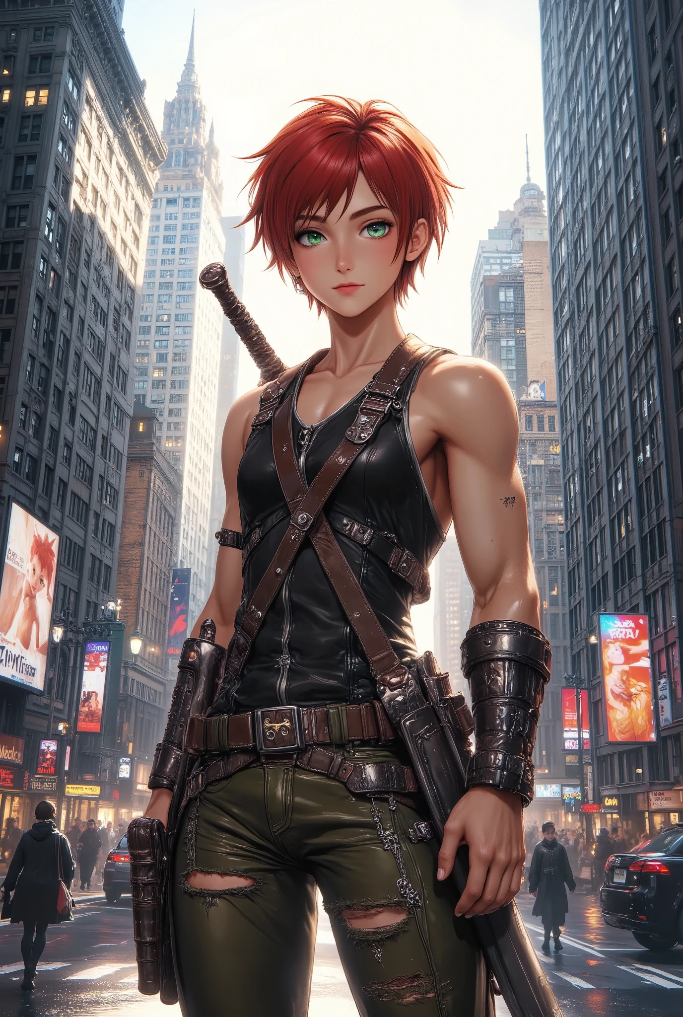 1boy, red short hair, green eyes, wear sleeveless military vest, leather harness, short torn pants, shine tan skin, sword, beautiful legs, solo, standing on newyork city street, skyscraper, realistic background, studio lighting, soft focus, physically-based rendering, professional