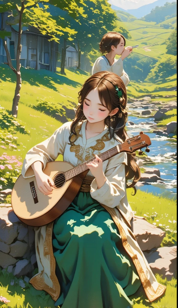 Pastoral Idyll/Idyllic/Pastoral idyll、 young woman、 playing the lute 、(((A young man blows a whistle:1.7)))、 Celtic Music 、Irish national costume、