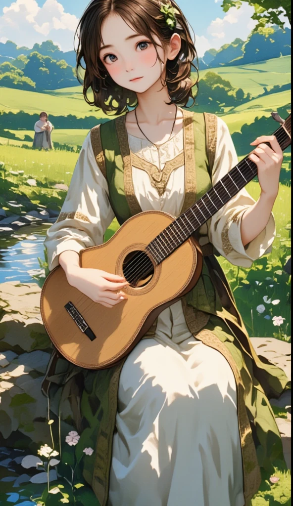 Pastoral Idyll/Idyllic/Pastoral idyll、 young woman、 playing the lute 、(((A young man blows a whistle:1.7)))、 Celtic Music 、Irish national costume、