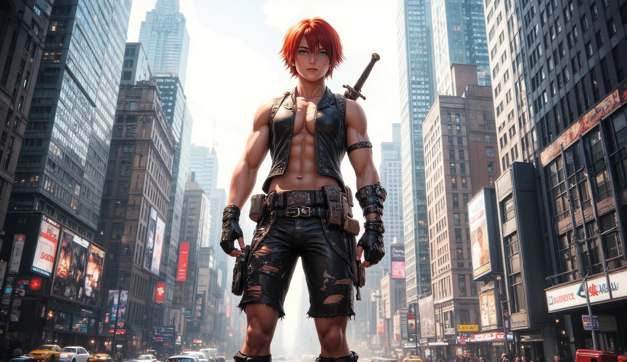 1boy, red short hair, green eyes, wear sleeveless military vest, leather harness, short torn pants, shine tan skin, sword, beautiful legs, solo, standing on newyork city street, skyscraper, realistic background, studio lighting, soft focus, physically-based rendering, professional