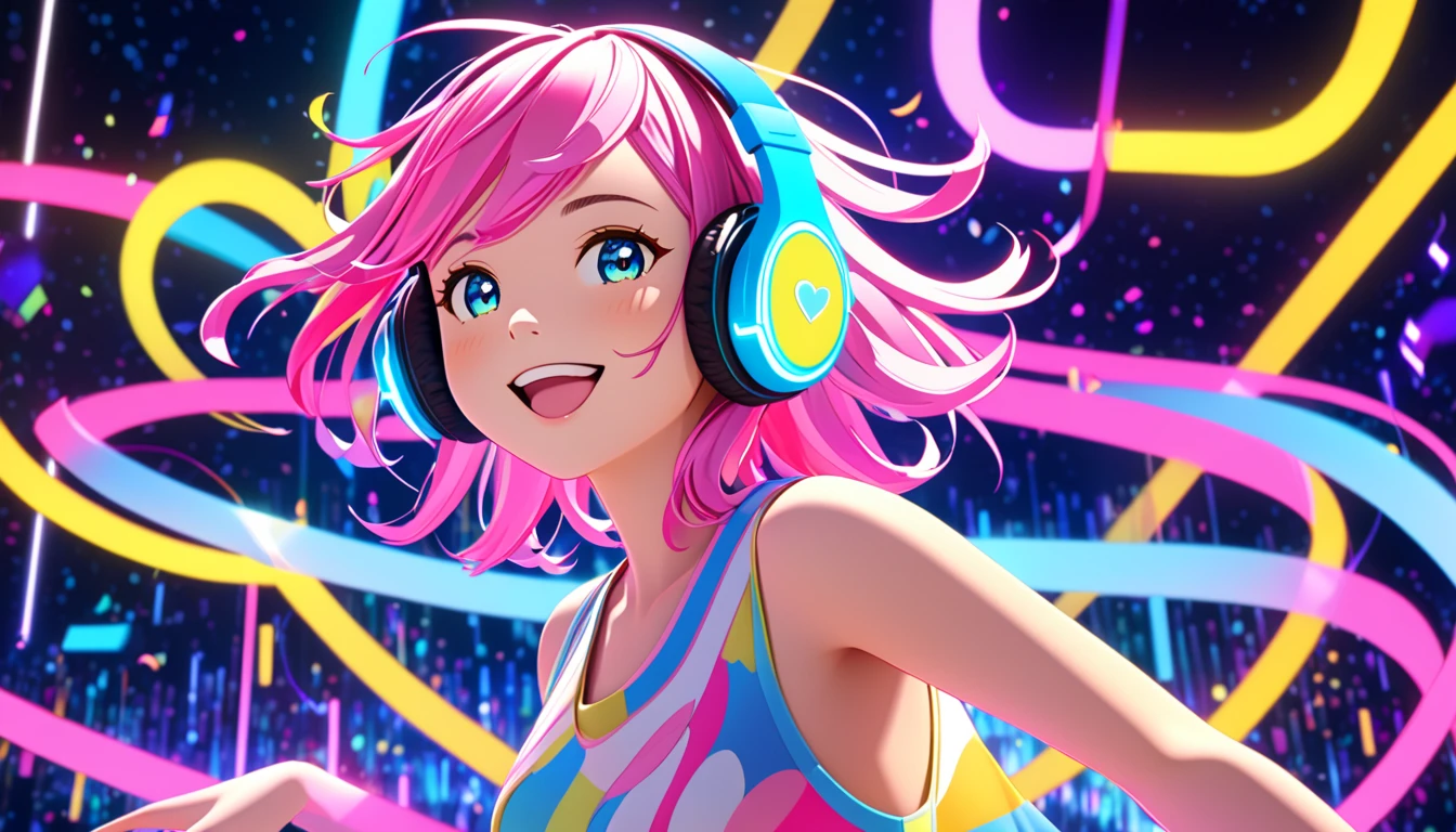 A close-up 3D CGI rendering of a cute and vibrant female character inspired by the song lyrics 'Rhythmic Collision.' She has glowing neon headphones, a bright and cheerful expression, and colorful pastel hair with streaks of pink, blue, and yellow. Her playful smile radiates joy, and she appears to be dancing or moving to music. The background is a neon-lit digital world with lively abstract musical patterns and glowing effects, creating a dynamic and fun atmosphere. The composition is in a 16:9 aspect ratio, focusing on her face and upper body.