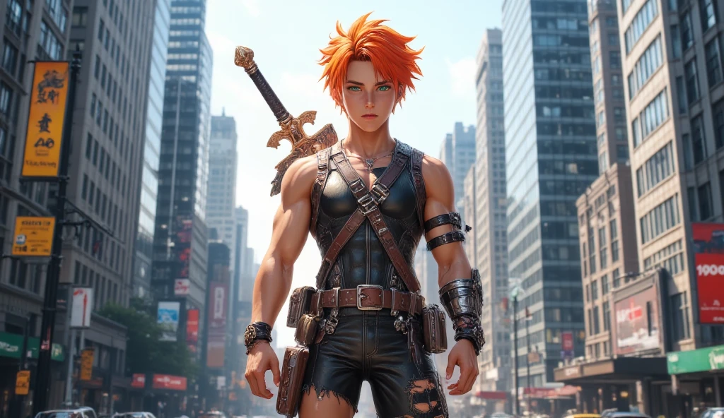 1boy, orange short hair, green eyes, 15yrs old, wear sleeveless military vest, leather harness, short torn pants, shine tan skin, sword, beautiful legs, solo, standing on newyork city street, skyscraper, realistic background, studio lighting, soft focus, physically-based rendering, professional