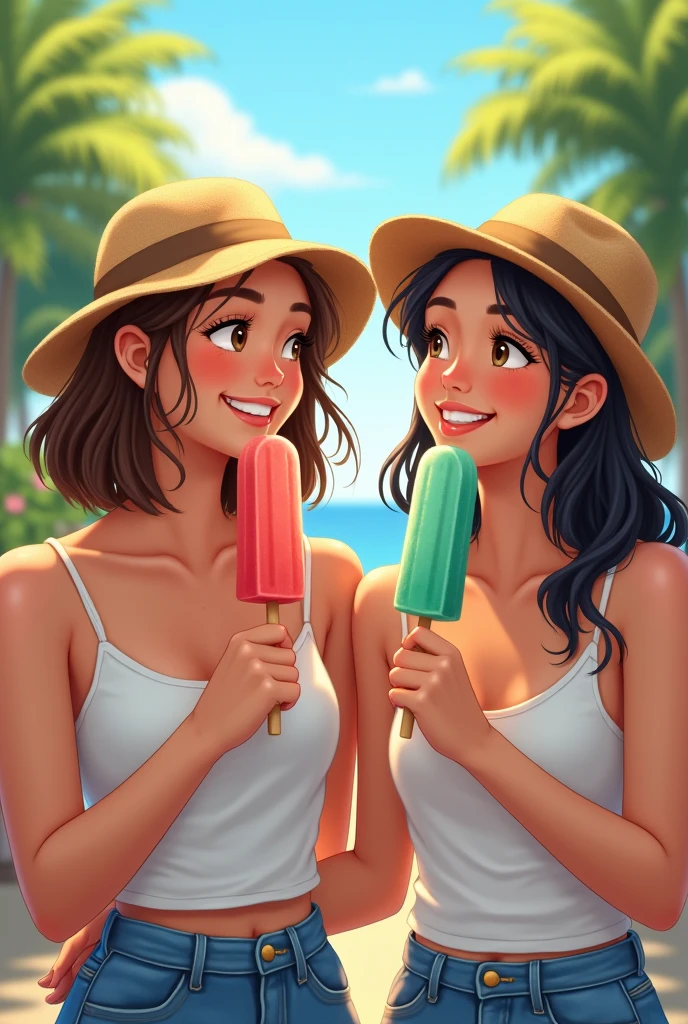 Girls,sitting on the sand, beach clothes, lots of people,Eating ice cream, beach background,Ultra HD 8k quality