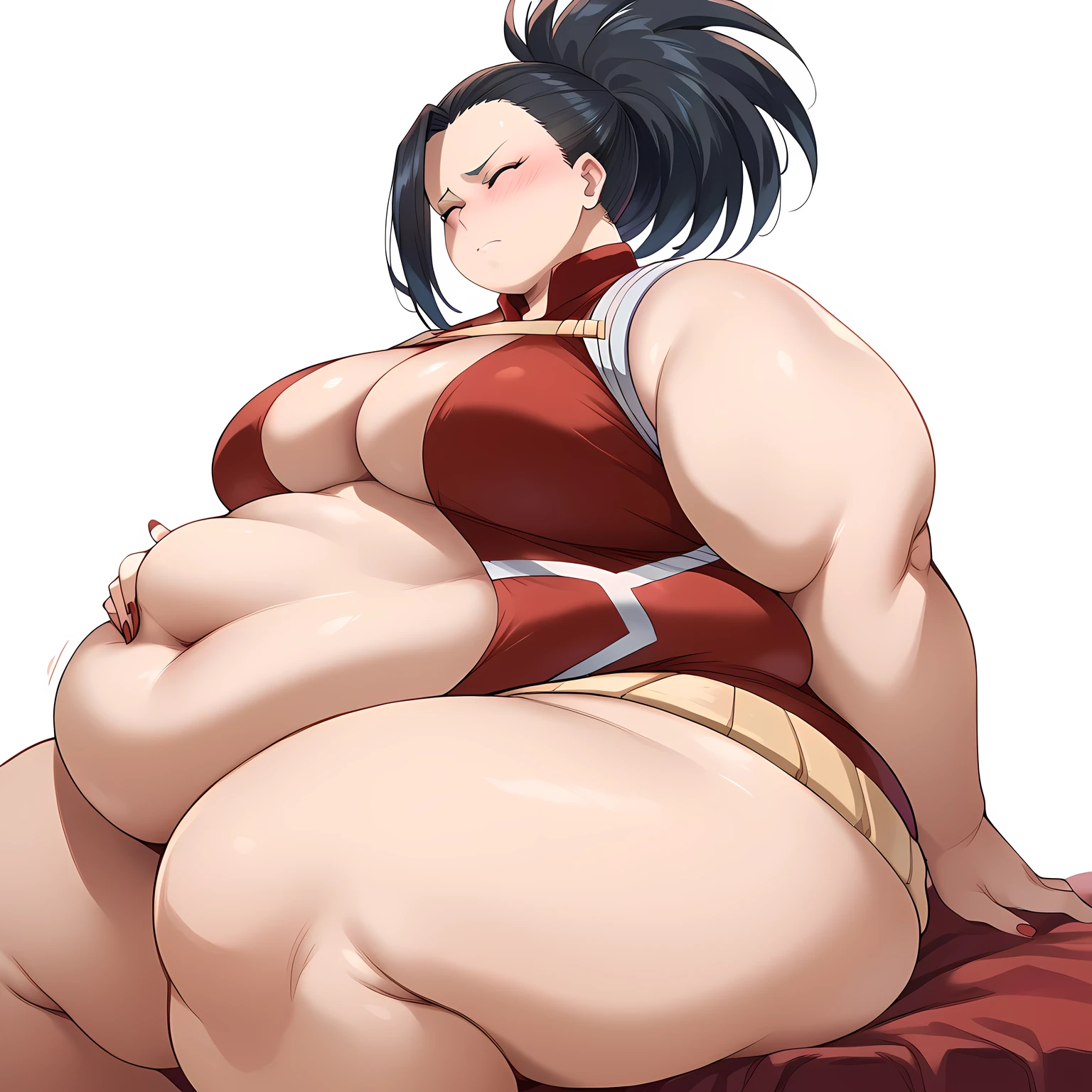 fat body, tall, yaoyorozumomo, black eyes, black hair, ponytail, long hair, hair pulled back, center opening, cleavage, red leotard, hero outfit, fat body, sexy, desireable, tempting, lust, fat, chubby, obese, gigantic arms and legs , sitting, , leg spread wide, from below, thin leg and thin thigh, huge ass, from side, embarrassed, , grabbing belly, belly growling from hunger, , blush, closed eyes,from front