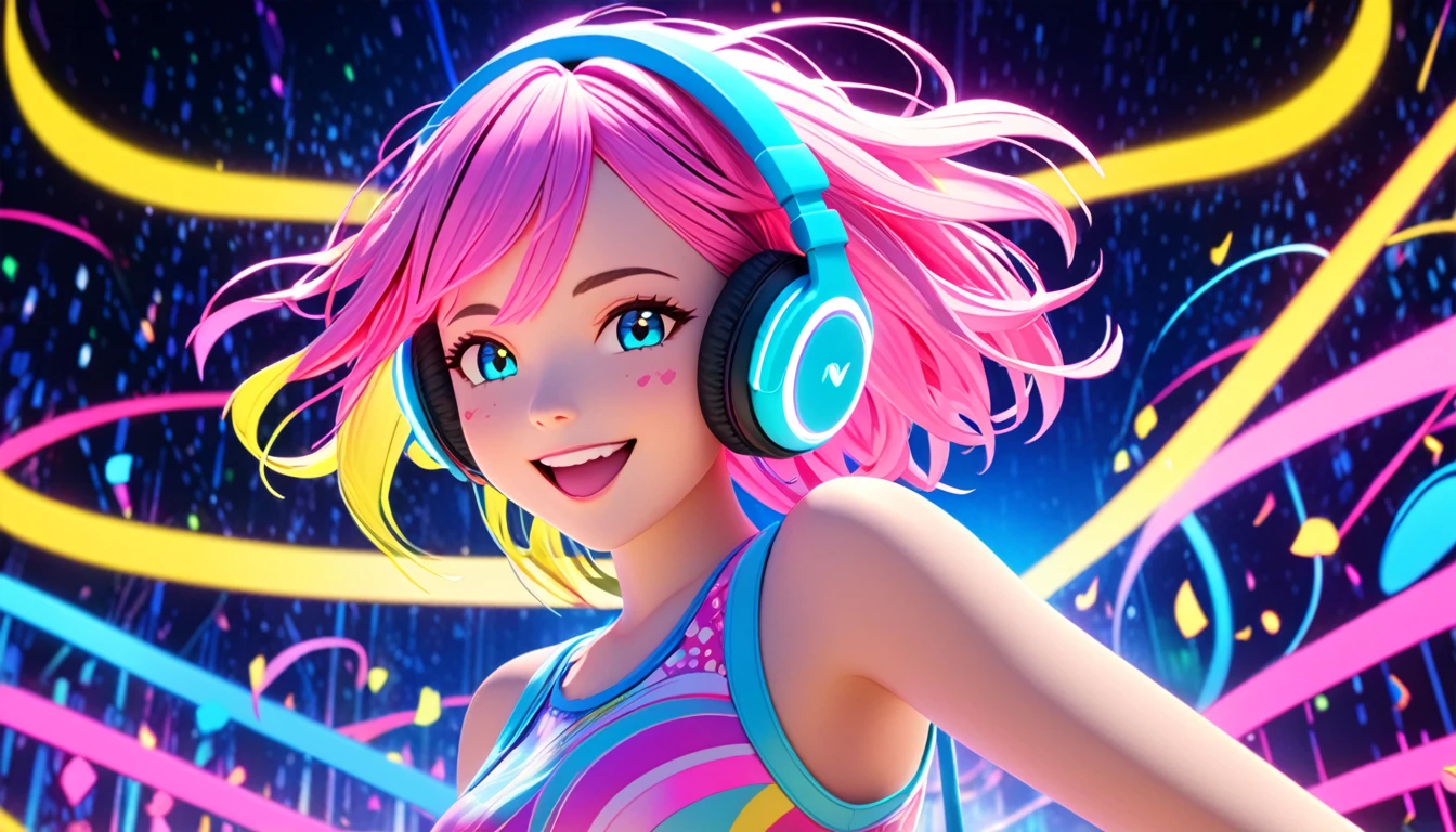 A close-up 3D CGI rendering of a cute and vibrant female character inspired by the song lyrics 'Rhythmic Collision.' She has glowing neon headphones, a bright and cheerful expression, and colorful pastel hair with streaks of pink, blue, and yellow. Her playful smile radiates joy, and she appears to be dancing or moving to music. The background is a neon-lit digital world with lively abstract musical patterns and glowing effects, creating a dynamic and fun atmosphere. The composition is in a 16:9 aspect ratio, focusing on her face and upper body.