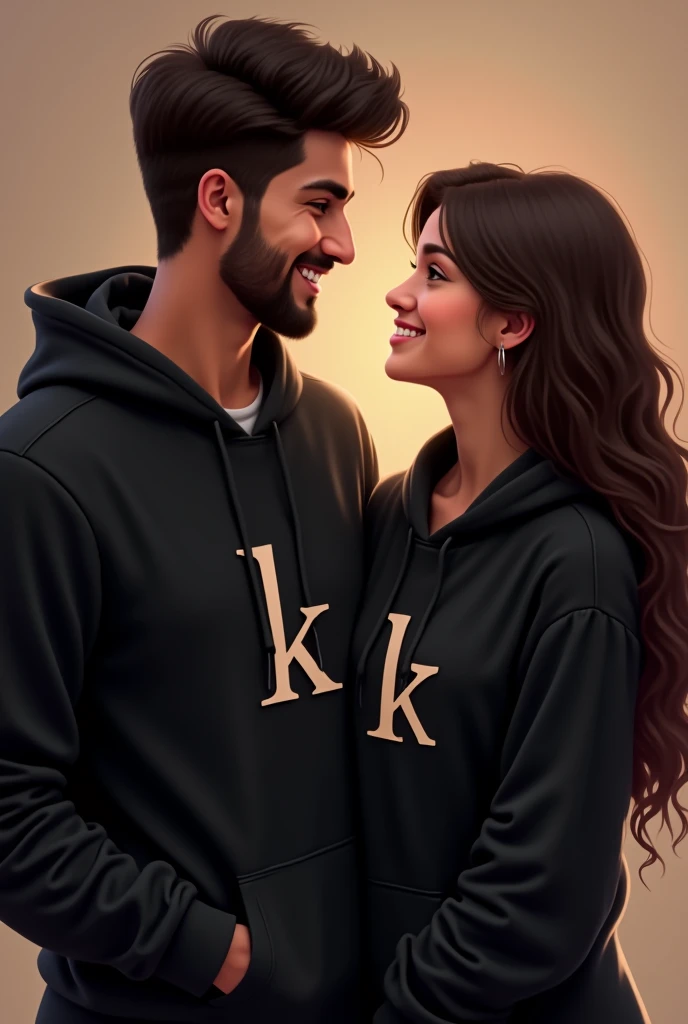Realistic Pakistani 25-year-old Handsome boy with beard ,Black Hoodie with a 22-year beautiful girl in a Black Hoodie, the girl has a red rose flower in her hand, and the boy holding a multi-colorful umbrella in his hand, written in "Afreed" in the boy's hoodie, and "Jiya" in girl hoodie, in outdoor Park with white Background Doves Flying, Beautiful lonely picture, pretty girl, So happy picture, profile pic, Rainbow Behind, 3d illustration, hyperrealistic, Look straight
