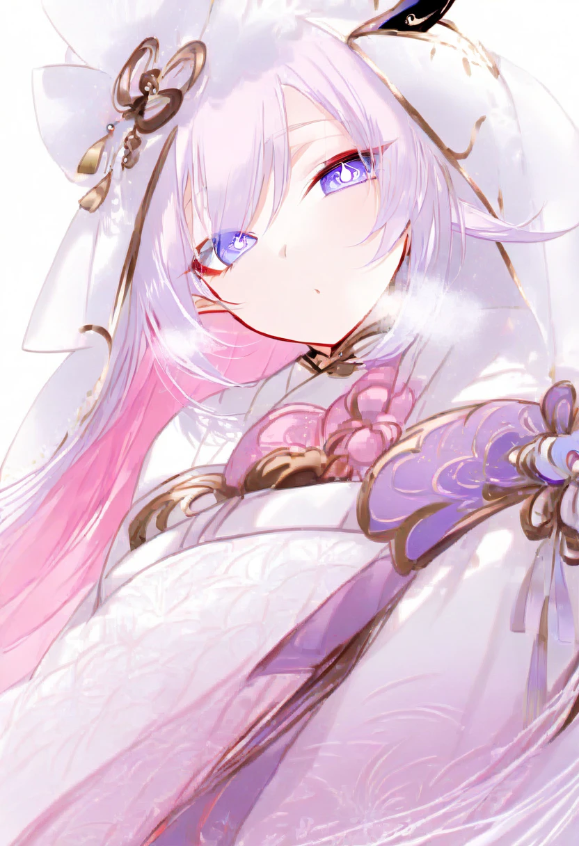 score_9, score_8_up, score_7_up, masterpiece, best quality, absurdres, vibrant, highly detailed, 1girl, solo, adult grown woman, elysia \(herrscher of human:ego\) \(Honkai impact\), pointed ears, pink hair, blue eyes, long hair, diamond-shaped pupils, heavy breathing, incoming hug, selfie, (traditional Japanese bridal kimono:1.6), (white ceremonial robe:1.5), (pink inner lining:1.4), (silk fabric with subtle crane patterns:1.3), (hooded veil:1.5), (red decorative tassels:1.4), (elegant knot accents:1.3), (long flowing sleeves:1.4), (modest and graceful design:1.5), (traditional Japanese aesthetic:1.4), (bridal formality:1.6), (minimalistic accessory style:1.4), (classic Japanese cultural attire:1.5)