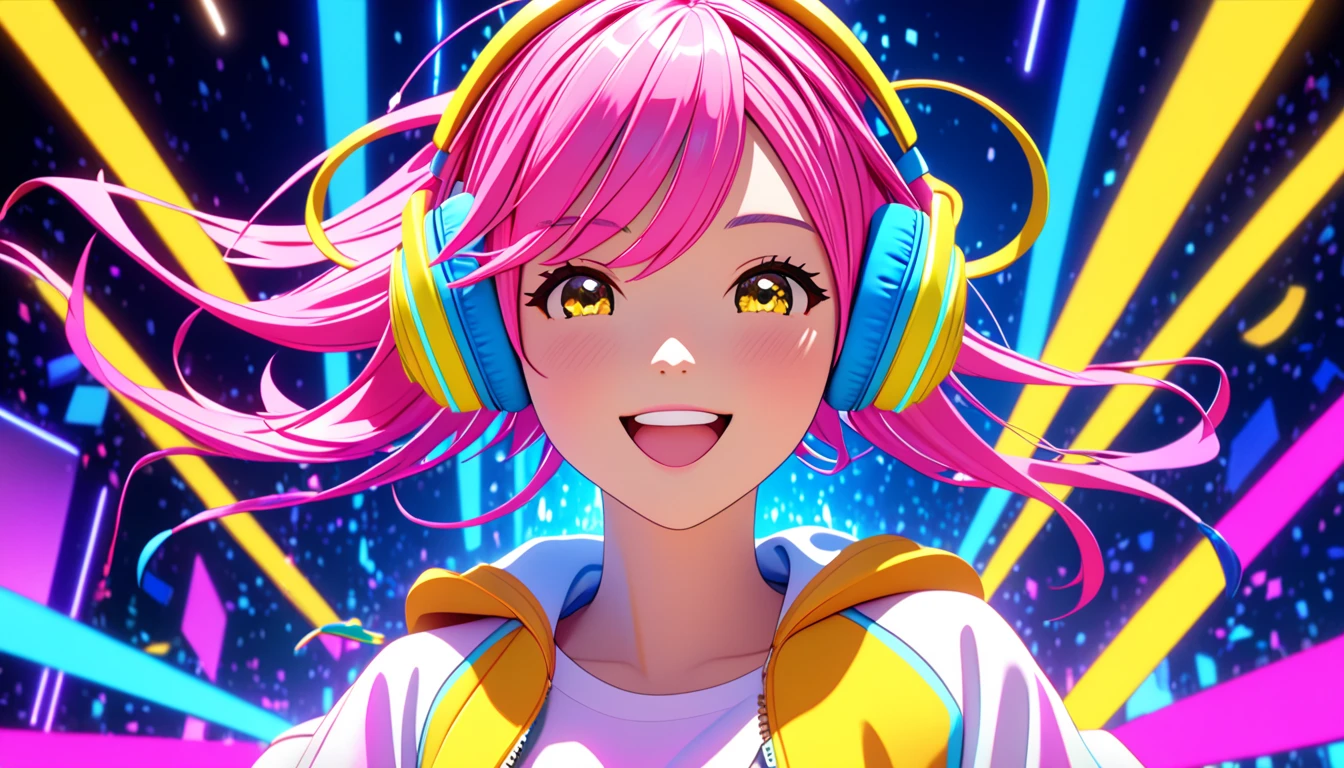 A close-up 3D CGI rendering of a cute and vibrant female character inspired by the song lyrics 'Rhythmic Collision.' She has glowing neon headphones, a bright and cheerful expression, and colorful pastel hair with streaks of pink, blue, and yellow. Her playful smile radiates joy, and she appears to be dancing or moving to music. The background is a neon-lit digital world with lively abstract musical patterns and glowing effects, creating a dynamic and fun atmosphere. The composition is in a 16:9 aspect ratio, focusing on her face and upper body.