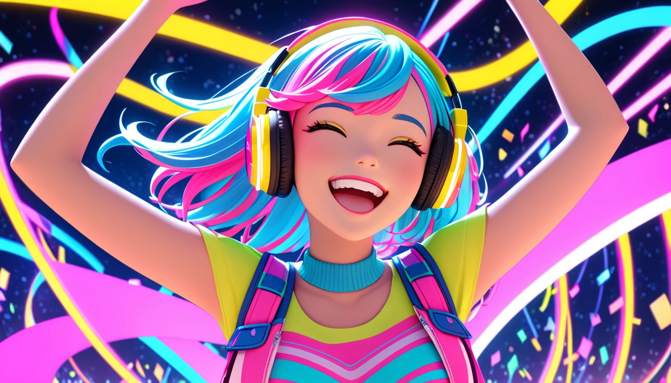 A close-up 3D CGI rendering of a cute and vibrant female character inspired by the song lyrics 'Rhythmic Collision.' She has glowing neon headphones, a bright and cheerful expression, and colorful pastel hair with streaks of pink, blue, and yellow. Her playful smile radiates joy, and she appears to be dancing or moving to music. The background is a neon-lit digital world with lively abstract musical patterns and glowing effects, creating a dynamic and fun atmosphere. The composition is in a 16:9 aspect ratio, focusing on her face and upper body.