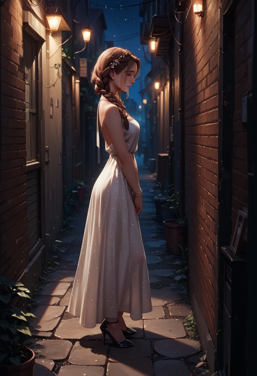 score_9, score_8_up, score_7_up, 1girl, solo, beautiful waifu, very sexy (Anna, brown hair, braided pigtails:1.3), sexy halter dress, high heels, shy, BREAK (night, dark:1.3), dark alley, shallow depth of field, vignette, bokeh, BREAK (Hand, detailed, perfect, perfection, hands:1.2), perfect hands, perfect proportions, simple background, (high angle:1.2).