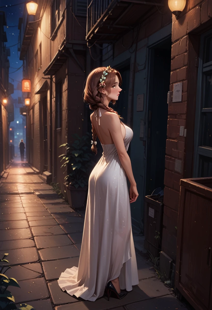 score_9, score_8_up, score_7_up, 1girl, solo, beautiful waifu, very sexy (Anna, brown hair, braided pigtails:1.3), sexy halter dress, high heels, shy, BREAK (night, dark:1.3), dark alley, shallow depth of field, vignette, bokeh, BREAK (Hand, detailed, perfect, perfection, hands:1.2), perfect hands, perfect proportions, simple background, (shot from above:1.2).