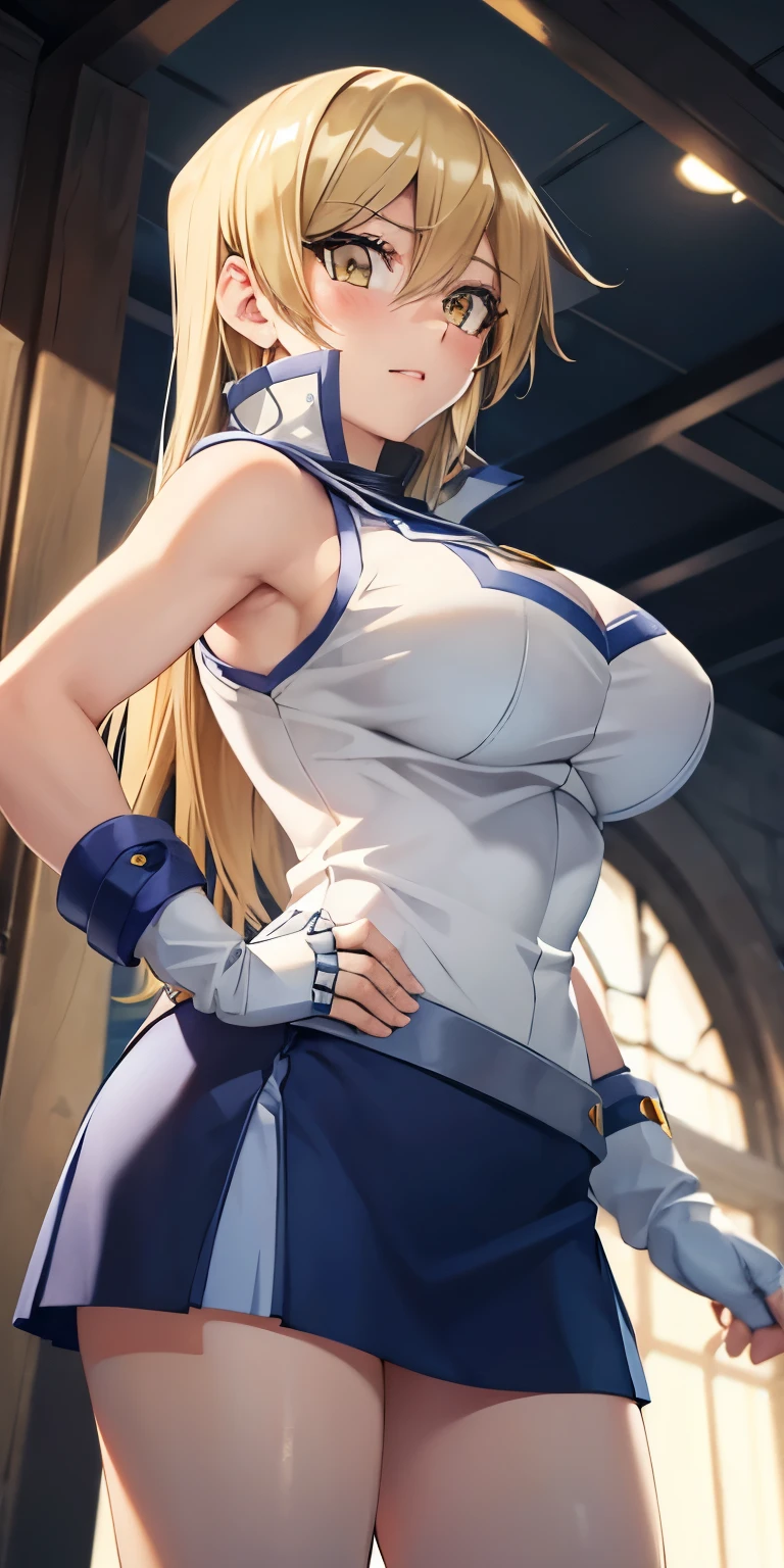 1 Female,High definition,high resolution,Ultra-realistic,8K, ta1, blonde hair, long hair, yellow eyes,white jacket, sleeveless, blue skirt, tight skirt, miniskirt,fingerless gloves, large breasts,European,sexy,Upper body close-up,Photographed from the front,Dynamic Angles,(blush), (medium tits) ,arms on hips