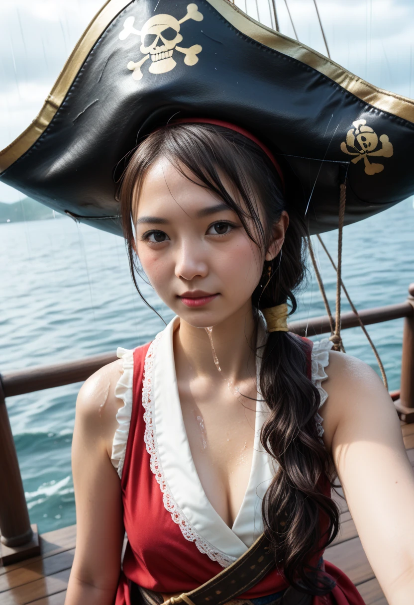 (((Aerial photography))), (((Pouring rain))),  a beautiful 20-year-old Japanese female pirate,  Beautiful Women: 1.54, Beautiful female pirate standing on the deck of a large old pirate sailboat。 pictures of super beautiful and cute Japanese female pirates that are a big hit around the world。名作で有名な巨匠の写真家が撮影した大ヒットのmasterpiece写真。(masterpiece: 1.3), (8k, Realistic,  RAW photo, 最 High Quality : 1.4),  High Quality , masterpiece,  ultra high resolution, (Realistic: 1.4), ((( Pirate Costume )))、A large old pirate ship 、The background is a rough sea,  shot in Hasselblad on an old pirate ship ,  Movie Lighting,  perfect beauty, Age of Discovery, (((night))), Perfect beauty, Aerial photography, (((Pouring rain))),  Shot with a Wide Angle Lens 。