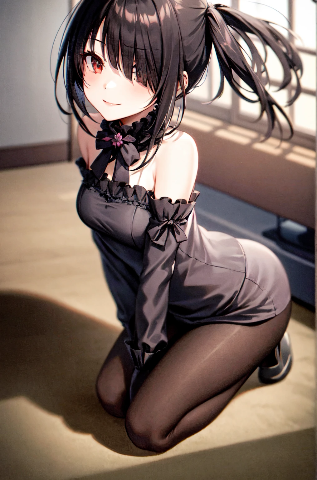 (8K、top-quality、masterpiece:1.2)、(realisitic、ultra-detailliert、超A high resolution、1 girl,beautifull detailed face,((layered hair,long black hair)),((daytime)),Constriction、(Slim waist) :1.3)、cleavage、Beautiful detailed skin、Skin Texture、Floating hair、Professional Lighting,stately mansion,(Whole human body:1.0),long shot,head ribbon,(slutty long mesh dress:1.2), thighs, midriff,skirt,(see-through nipples:1.1), (see-through pussy:1.1),(pubic hair:0.9),(cameltoe:1.3),full-face blush,ecstasy