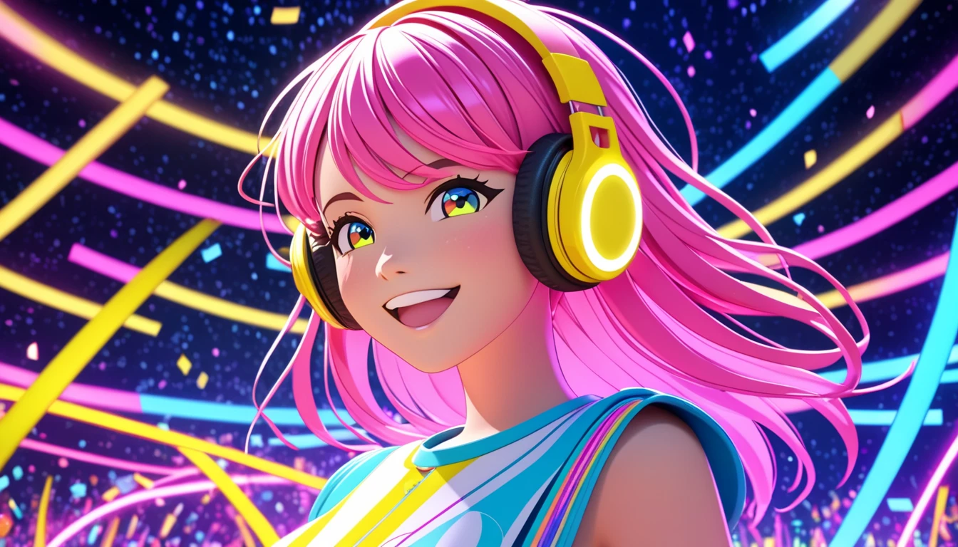 A close-up 3D CGI rendering of a cute and vibrant female character inspired by the song lyrics 'Rhythmic Collision.' She has glowing neon headphones, a bright and cheerful expression, and colorful pastel hair with streaks of pink, blue, and yellow. Her playful smile radiates joy, and she appears to be dancing or moving to music. The background is a neon-lit digital world with lively abstract musical patterns and glowing effects, creating a dynamic and fun atmosphere. The composition is in a 16:9 aspect ratio, focusing on her face and upper body.