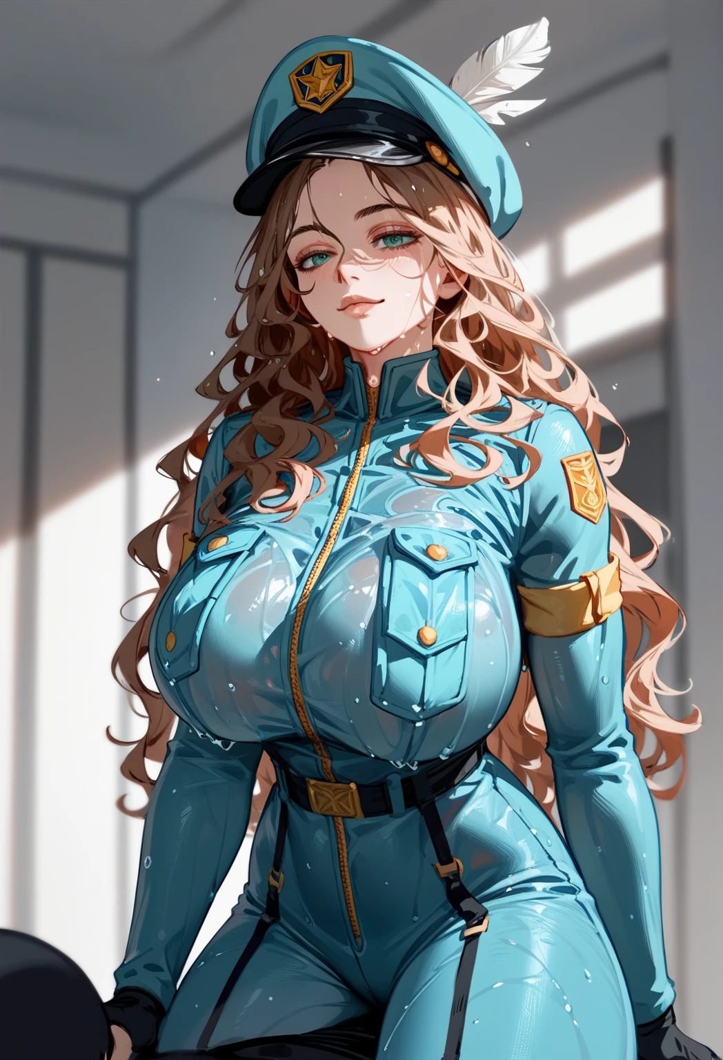 Vex'ahlia, long brown wavy hair, 35 years old, teal ranger outfit, hair feather, big breasts, detailing face, detailing body, Wet body, hanging breasts, wide hips, very muscular bulky bodybuilder, riding cowgirl