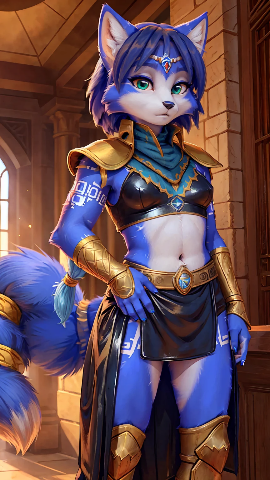 A beautiful and detailed (sweet picture) wa ((krystal)), Star Fox Krystal,  green eyes, medium breasts, (((Long blue hair 1.3))),  anthro, furry, (wa Fluff-Kevlar, Bayard Wu, personalize me, Pino Daeni),  detailed fluffy fur, detailed face, (fluffy), 1 girl, alone, hair cover one eye:1.4, wears tribal clothing with leather armor, wears tribal top with leather armor, steht in der großen halle wa hogwarts:1.4, (((she stands next to severus snape:1.3)))