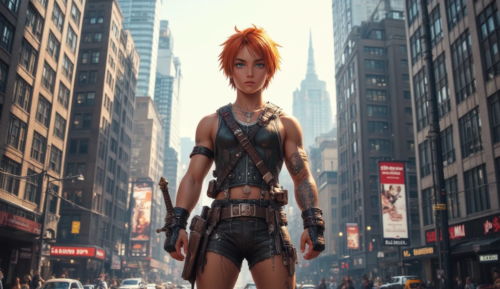 1boy, orange short hair, green eyes, wear sleeveless military vest, leather harness, short torn pants, shine tan skin, sword, beautiful legs, solo, standing on newyork city street, skyscraper, realistic background, studio lighting, soft focus, physically-based rendering, professional