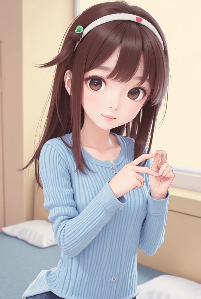 Illustration　 cute girl　 best quality、 long hair、Brown Hair、I'm wearing a light blue knit、 shy laugh 、 background is girls' room 