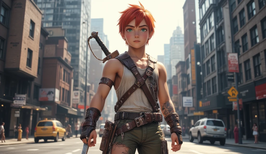 1boy, red short hair, green eyes, 12yrs old, wear sleeveless military vest, leather harness, short torn pants, shine tan skin, sword, beautiful legs, solo, standing on newyork city street, skyscraper, realistic background, studio lighting, soft focus, physically-based rendering, professional