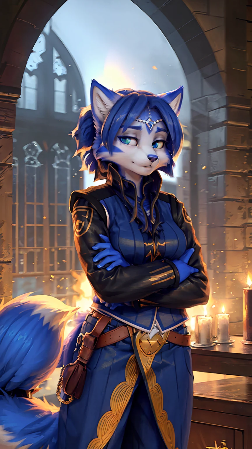  A beautiful and detailed (cute picture) wa ((krystal)), Star Fox-Kristall,  green eyes,  medium breasts, ((( Long blue hair 1.3))),  anthro, Fuzzy, (wa Fluff-Kevlar, Bayard Wu, personalize me, Pino Daeni),  detailed Fluffy fur, detailed Face, (Fluffy),  1 girl, Alone, Hair covering one eye:1.4,  wears tribal clothes with leather armor ,  wears tribal top with leather armor,  stands in the great hall wa Hogwarts :1.4, (((She stands next to Severus Snape :1.3)))