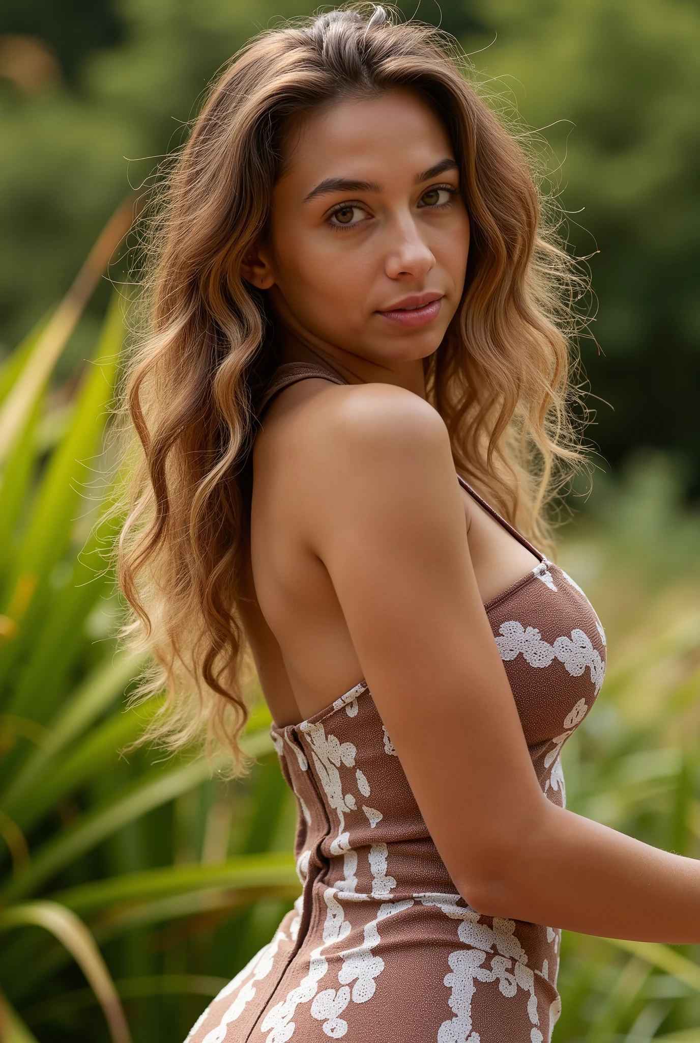 beautiful beautiful brunette wearing yellow summer dress (sitting on wooden bench at sunset), very detailed, 31 years old, flirtatious face, long messy hair, black eyes, high-res, masterpiece, best quality, intricate details, highly detailed, sharp focus, detailed skin, realistic skin texture, texture, detailed eyes, professional, 4k, smile, shot in Canon,  85mm, shallow depth of field, kodak vision color, green shadow, extremely detailed, photo_\(ultra\), photorealistic, realistic, post-processing, maximum detail, roughness, real life, ultra realistic, photorealism, photography, 8k uhd, photography, braless, pokies