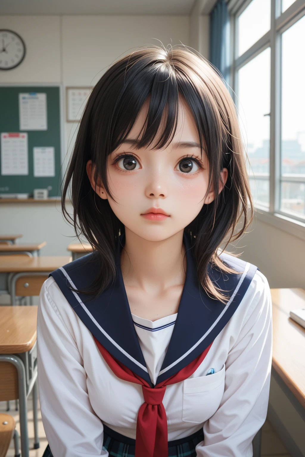 score_9,score_8_up,score_7_up,BREAK, rating_safe,source_real,one girl,tiny,medium shot,round face,round chin,big eyes,idol eyes,black eyes,school uniform,small nose,small mouth,straight hair,looking at viewer,medium breasts,indoors