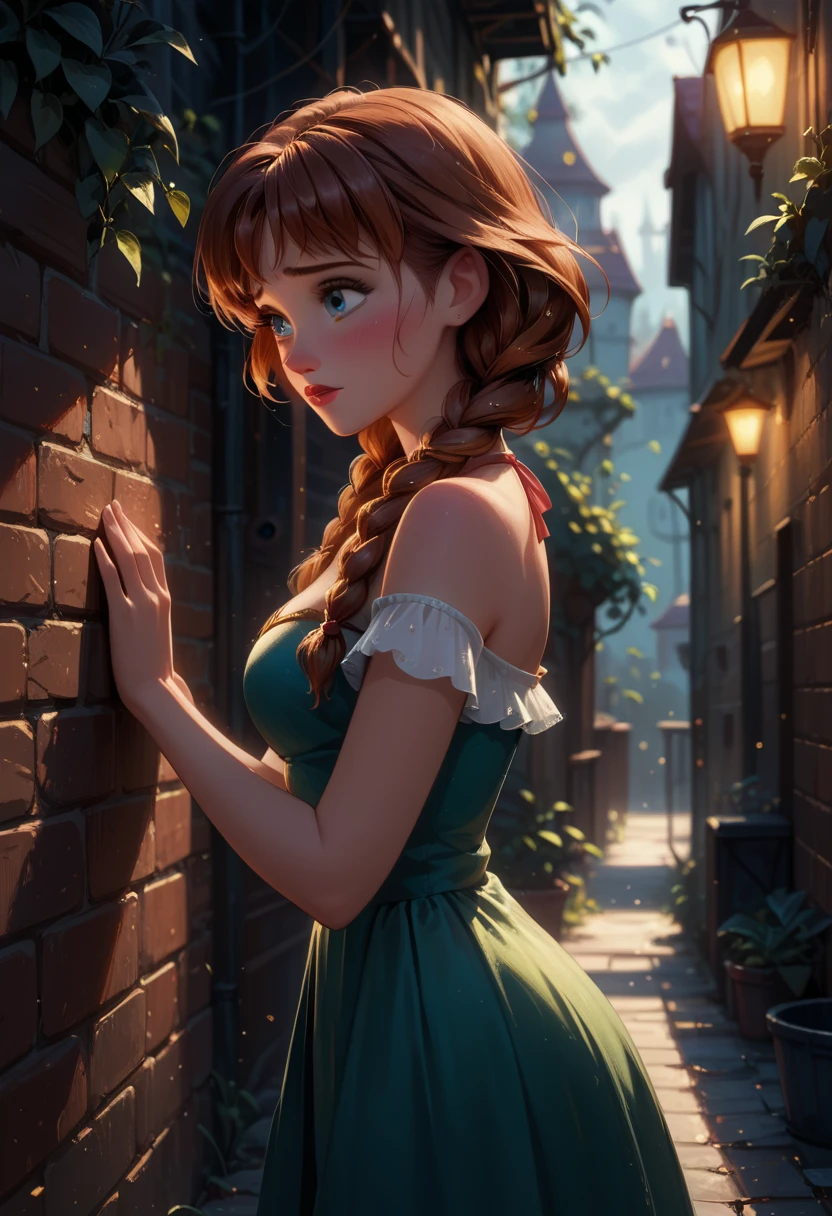 score_9, score_8_up, score_7_up, 1girl, solo, beautiful waifu, very sexy (Disney's Anna, brown hair, braided pigtails:1.3), sexy halter dress, shy, BREAK (night, dark:1.3), dark alley, shallow depth of field, vignette, bokeh, BREAK (Hand, detailed, perfect, perfection, hands:1.2), perfect hands, perfect proportions, simple background, (cowboy shot:1.2).