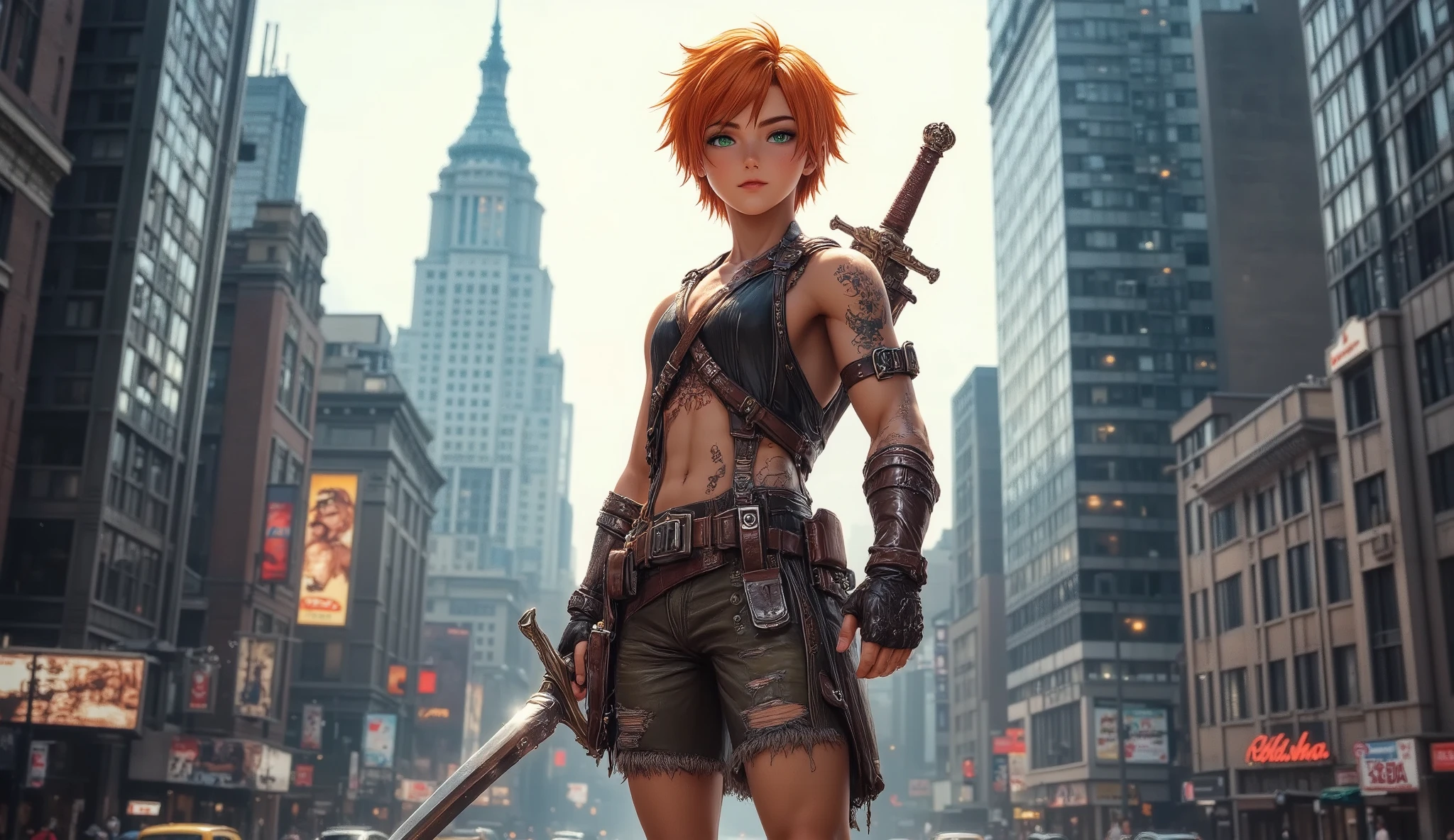 1boy, orange short hair, green eyes, wear sleeveless military vest, leather harness, short torn pants, shine tan skin, sword, beautiful legs, solo, standing on newyork city street, skyscraper, realistic background, studio lighting, soft focus, physically-based rendering, professional