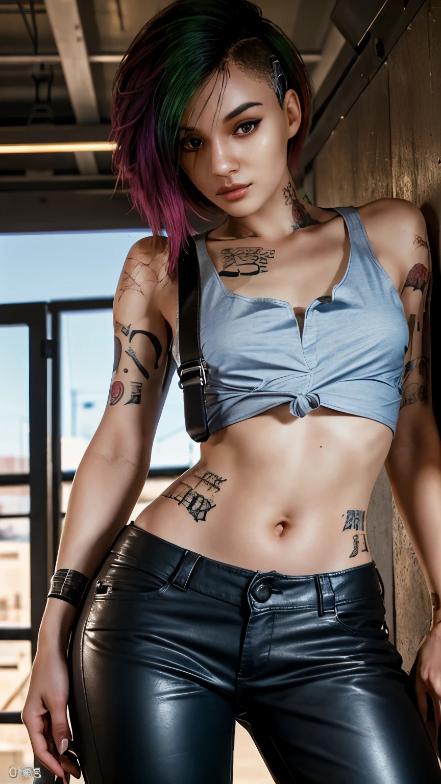 A stunning portrait in Ultra-HD, a 24 year old girl, detailed face, ((ultra detailed, masterpiece, best quality)), short multicolored hair, brown eyes,  tattoos, tank top, black leather pants, full body, 