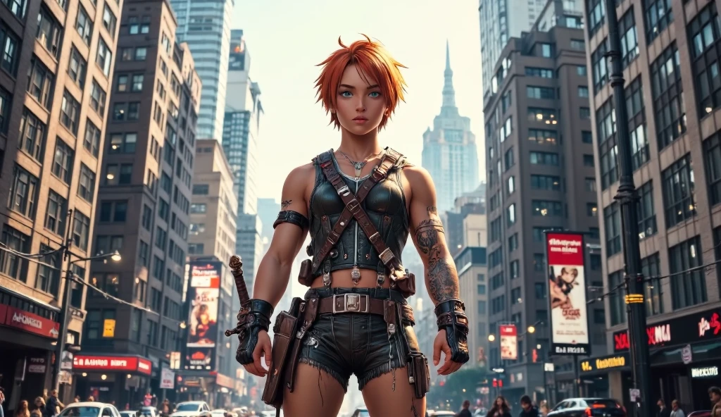 1boy, orange short hair, green eyes, wear sleeveless military vest, leather harness, short torn pants, shine tan skin, sword, beautiful legs, solo, standing on newyork city street, skyscraper, realistic background, studio lighting, soft focus, physically-based rendering, professional