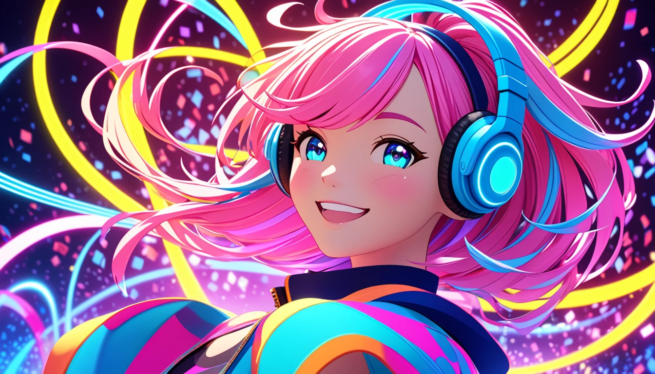 A close-up 3D CGI rendering of a cute and vibrant female character inspired by the song lyrics 'Rhythmic Collision.' She has glowing neon headphones, a bright and cheerful expression, and colorful pastel hair with streaks of pink, blue, and yellow. Her playful smile radiates joy, and she appears to be dancing or moving to music. The background is a neon-lit digital world with lively abstract musical patterns and glowing effects, creating a dynamic and fun atmosphere. The composition is in a 16:9 aspect ratio, focusing on her face and upper body.