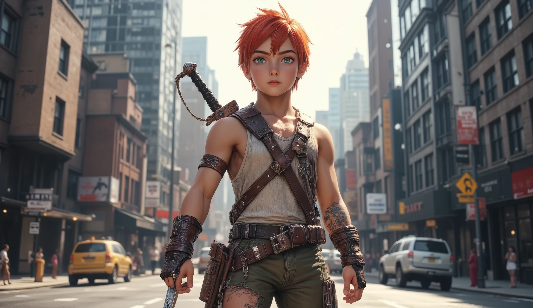 1boy, red short hair, green eyes, 12yrs old, wear sleeveless military vest, leather harness, short torn pants, shine tan skin, sword, beautiful legs, solo, standing on newyork city street, skyscraper, realistic background, studio lighting, soft focus, physically-based rendering, professional