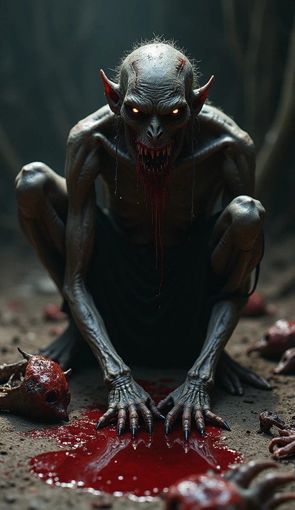 Mr. Wolf looking at the viewer with a lot of hatred in his Golden eyes, I think he's possessed by some entity holding an axe covered in blood, threatening to rip out the viewer's heart in a crude way, a weird and bizarre background of a house full of blood with a tattoo of the devil on his chest, an original and unique 3D look